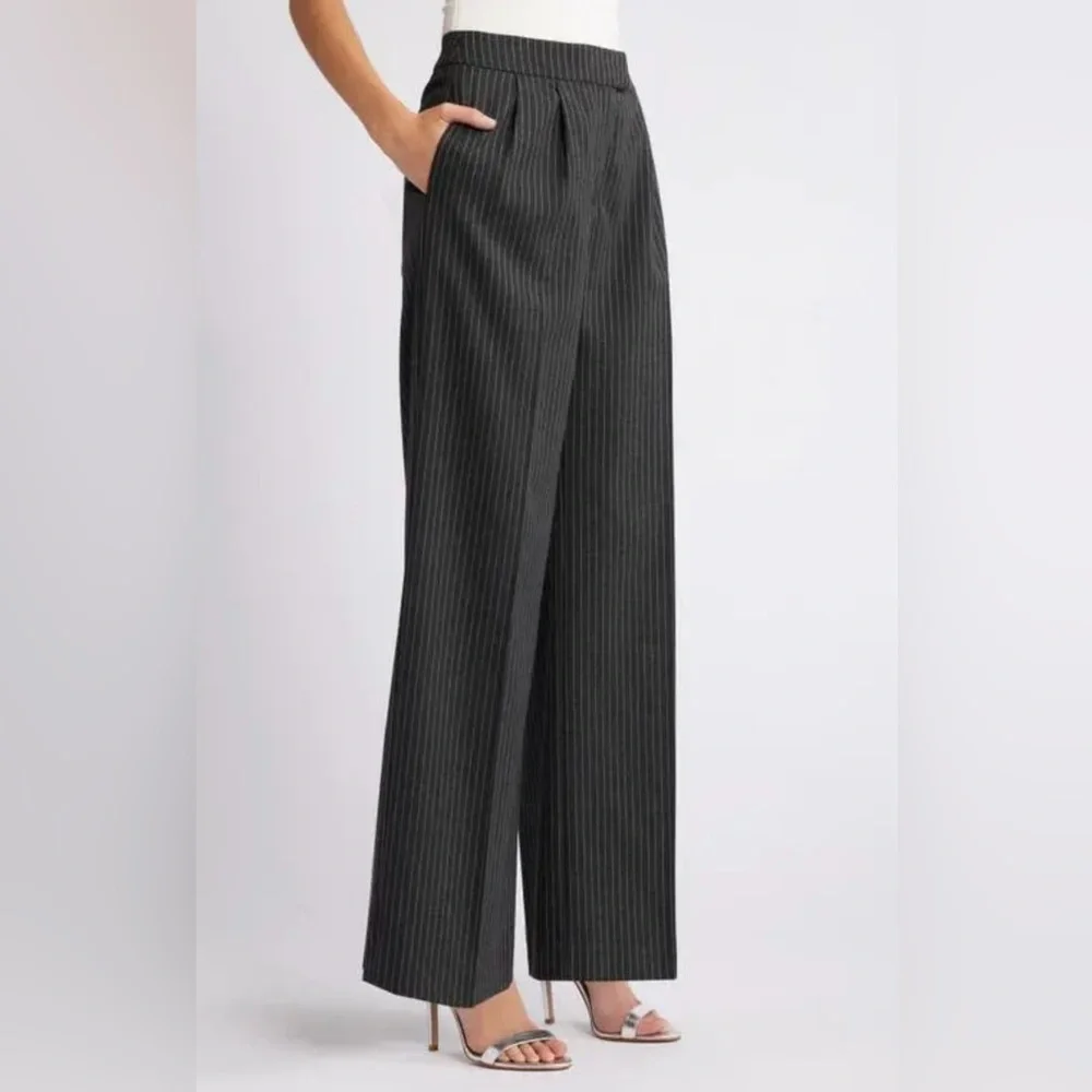OPEN EDIT Gray pinstriped wide leg pleated front pants size S - Picture 4 of 16